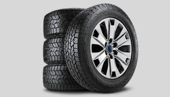 A rack of high-quality all-terrain and winter tires available for purchase.